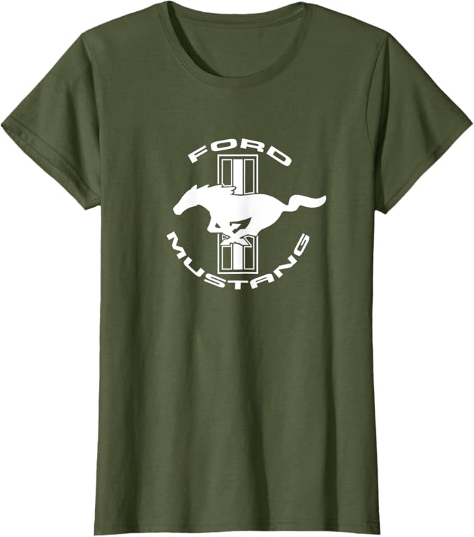 Ford Mustang Ladies T-Shirt in olivgrün mit weißem Tri-Bar Logo und Running Horse