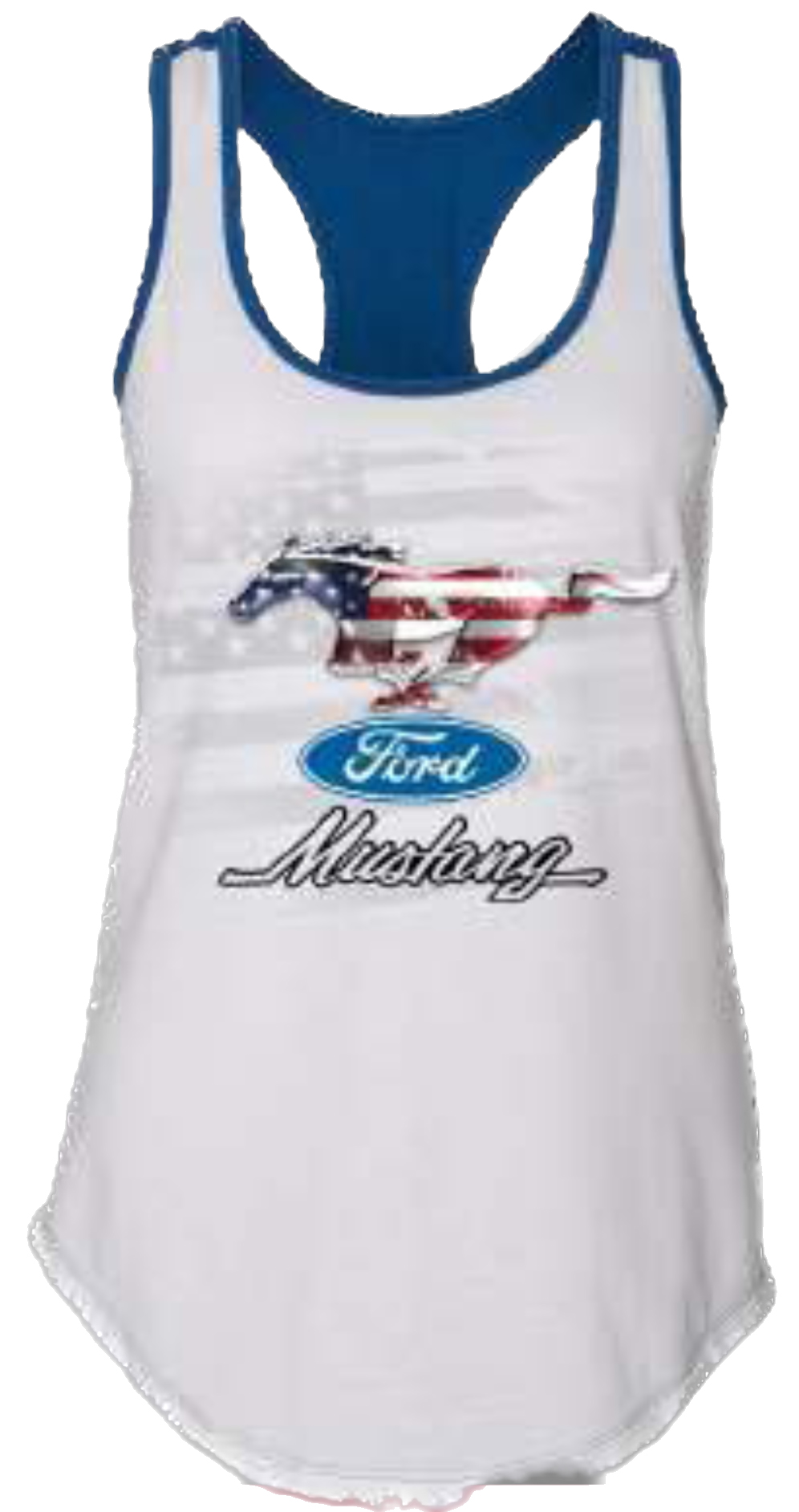 Ford Mustang Ladies Top weiß mit Running Horse in USA-Design, Ford Logo und Mustang Schriftzug