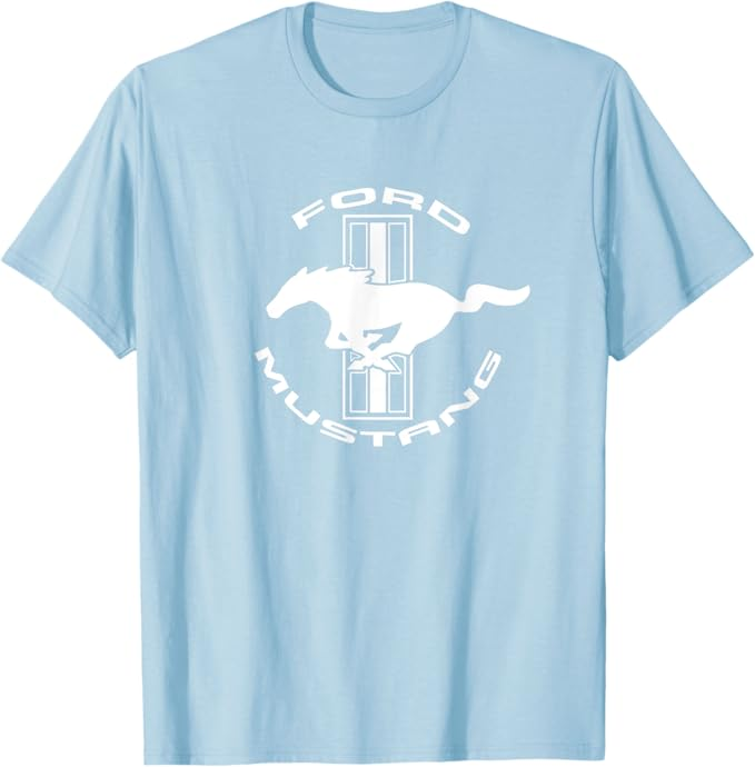 Ford Mustang T-Shirt in himmelblau mit weißem Tri-Bar Logo und Running Horse
