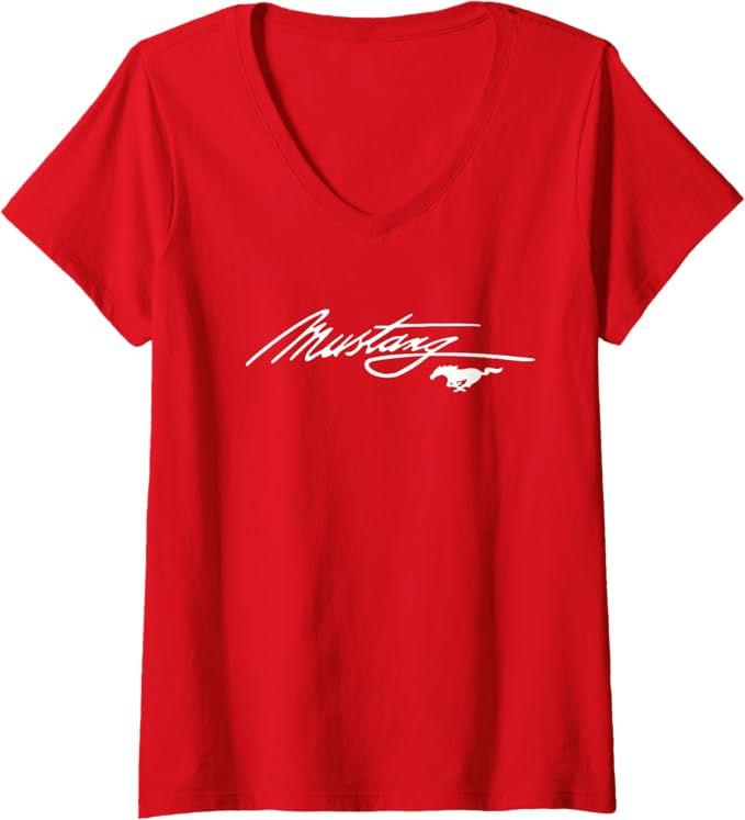 Ford Mustang Ladies T-Shirt mit V-Ausschnitt in rot mit weißem Mustang Schriftzug und Running Horse