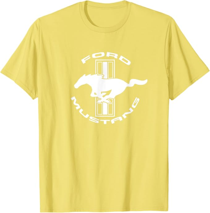 Ford Mustang T-Shirt in gelb mit weißem Tri-Bar Logo und Running Horse