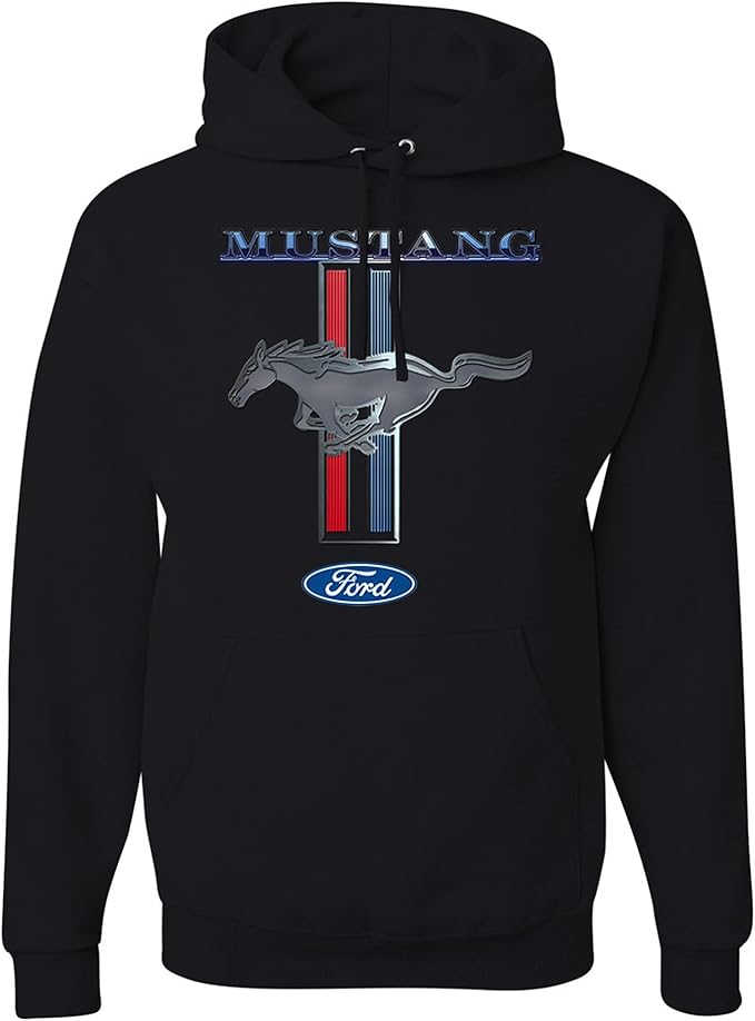 Ford Mustang Hoodie mit großem Tri-Bar Pony, Ford-Logo und Mustang-Schriftzug - Schwarz