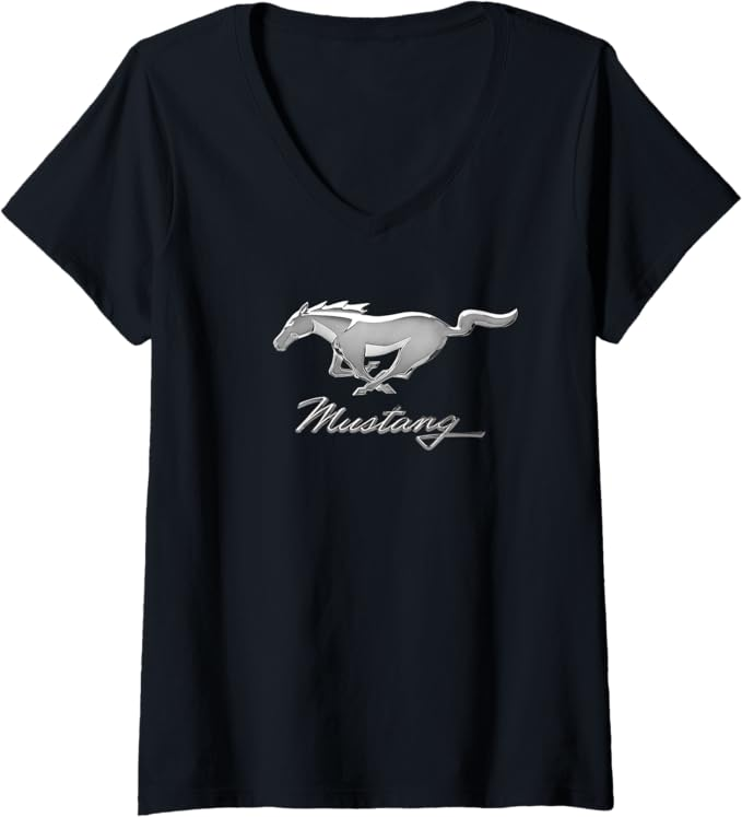 Mustang-Emblem Ladies T-Shirt mit V-Ausschnitt in schwarz mit silbernem Running Horse in 3D-Optik