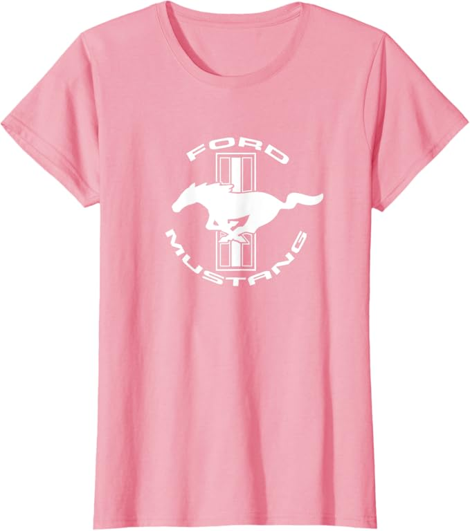 Ford Mustang Ladies T-Shirt in rosa mit weißem Tri-Bar Logo und Running Horse