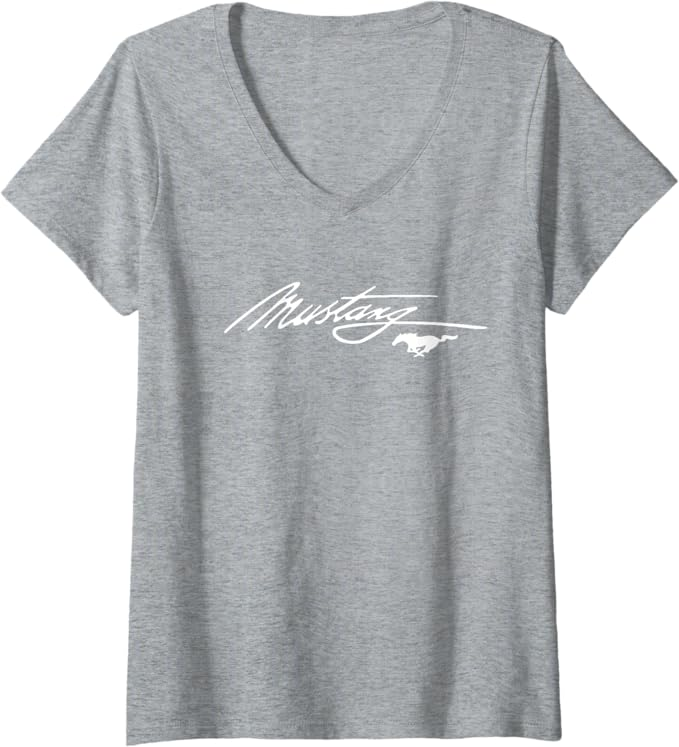 Ford Mustang Ladies T-Shirt mit V-Ausschnitt in grau meliert mit weißem Mustang Schriftzug und Running Horse