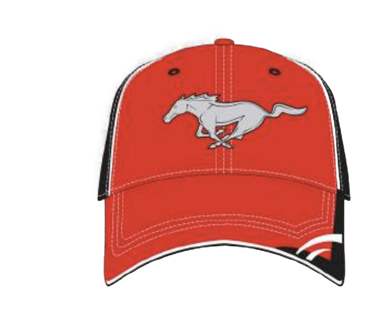 Ford Mustang Baseball Cap rot und schwarz mit grauem Tri-Bar Pony