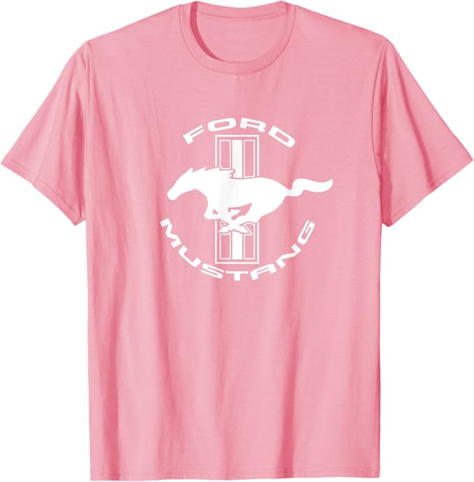 Ford Mustang T-Shirt in rosa mit weißem Tri-Bar Logo und Running Horse