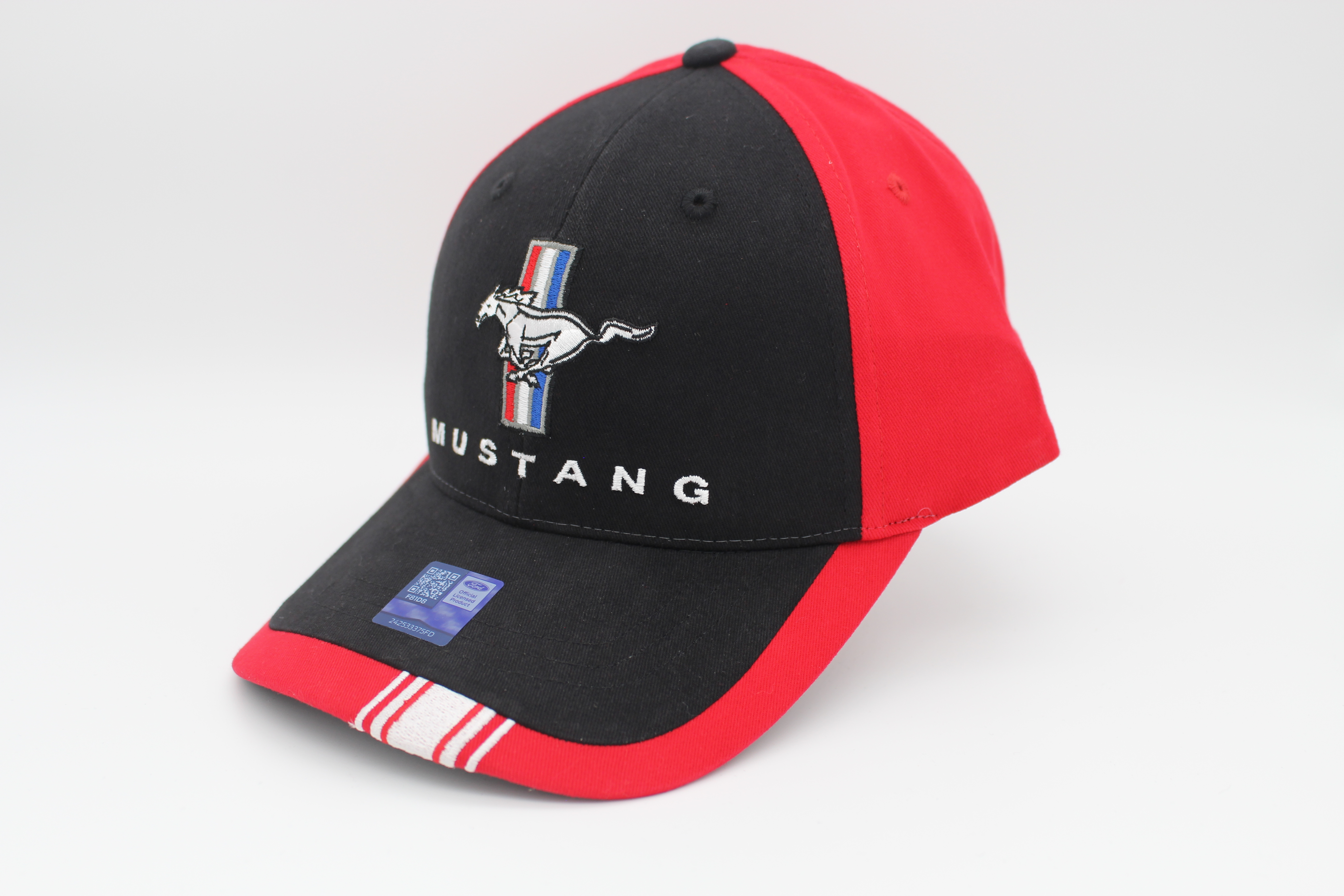 Ford Mustang Baseball Cap rot und schwarz mit Tri-Bar Logo