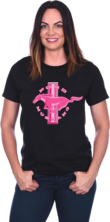 Ford Mustang Ladies T-Shirt schwarz und pink mit Tri-Bars und Running Horse in pink