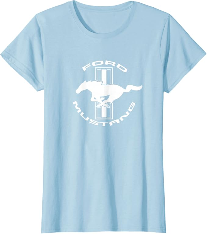 Ford Mustang Ladies T-Shirt mit V-Ausschnitt in himmelblau mit weißem Mustang Schriftzug und Running Horse