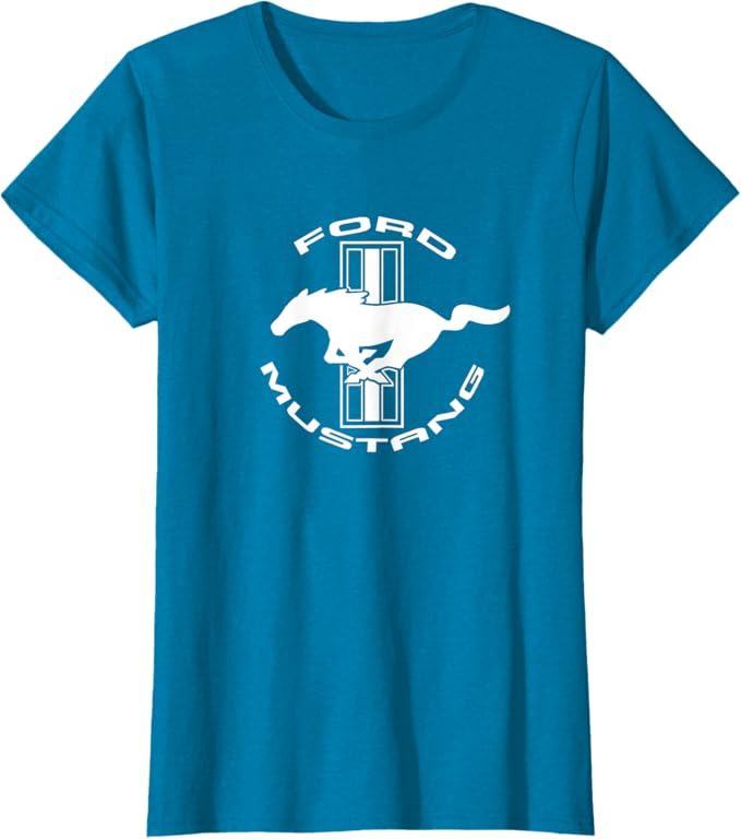 Ford Mustang Ladies T-Shirt in saphirblau mit weißem Tri-Bar Logo und Running Horse