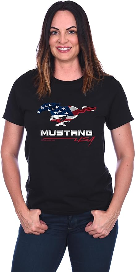 Ford Mustang Ladies T-Shirt schwarz mit Running Horse und USA-Farben