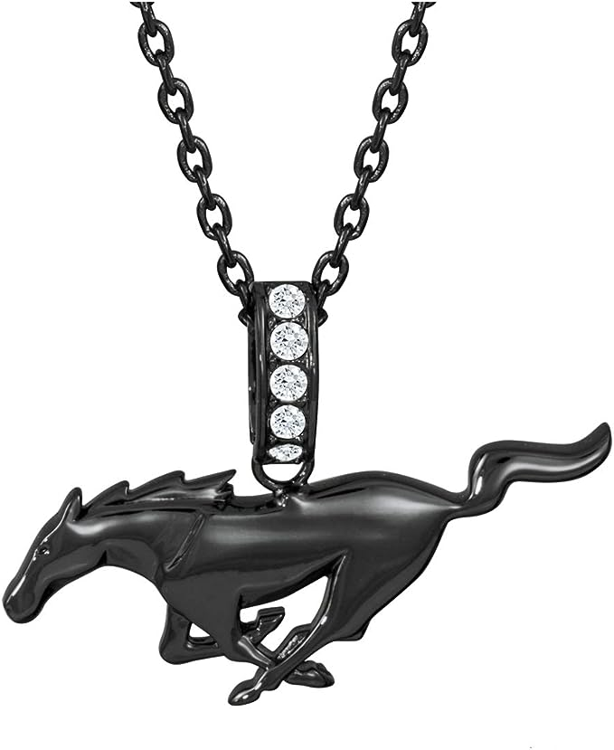 Ford Mustang Halskette mit Runing Pony und Swarovski Kristallen in 925er Silber in schwarz