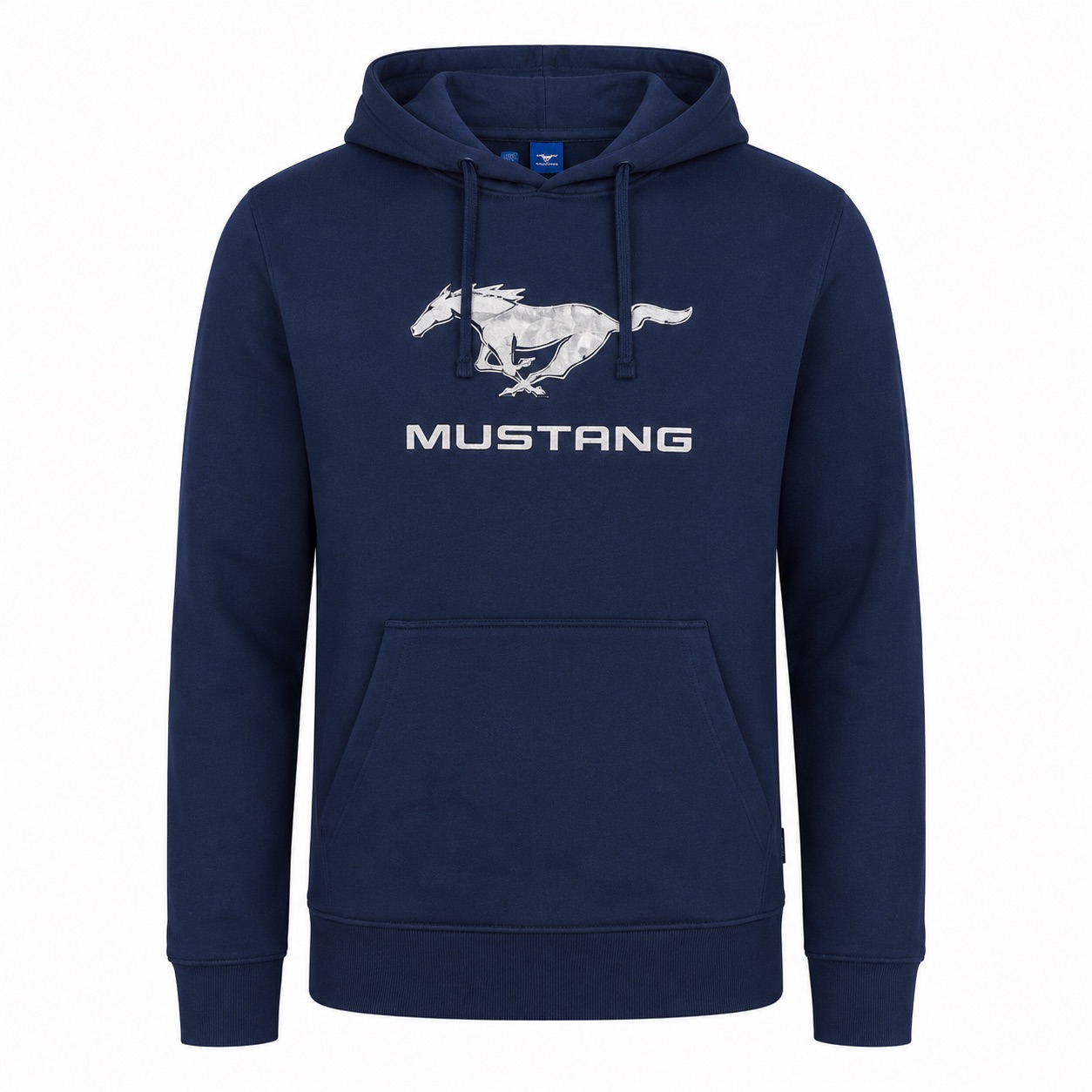 Ford Mustang Hoodie blau mit silbernem Running Horse und Mustang Schriftzug auf der Frontseite