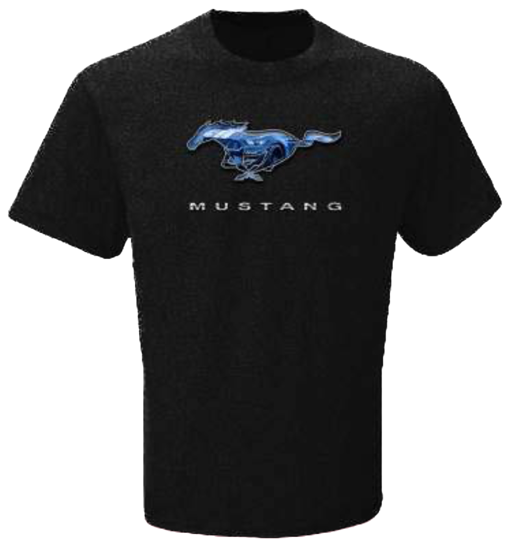 Ford Mustang T-Shirt schwarz mit blauem Running Horse und weißem Mustang-Schriftzug vorne