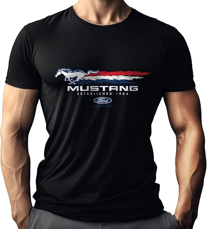 Ford Mustang T-Shirt in schwarz mit Running Horse und USA Flaggen sowie „Mustang - Since 1964“ Schriftzug