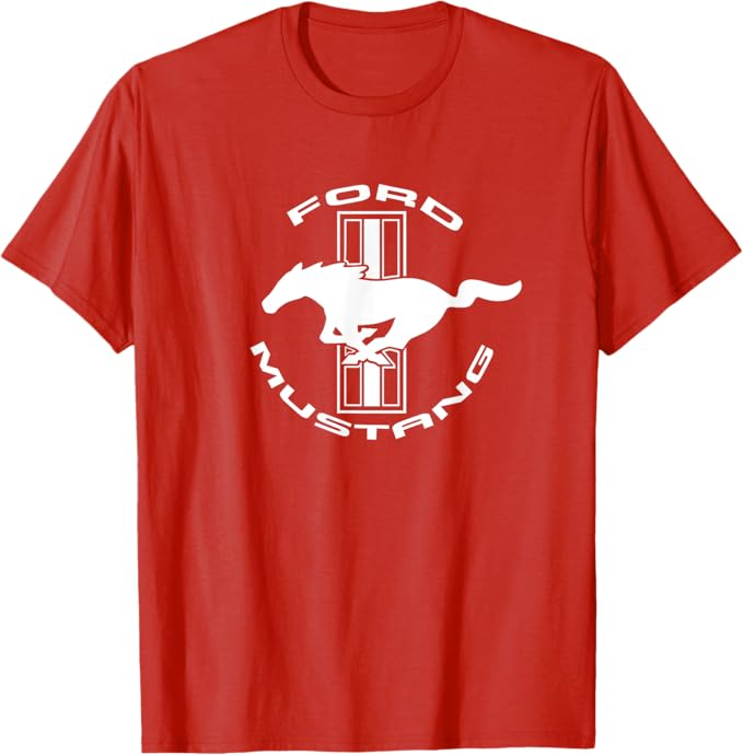 Ford Mustang T-Shirt in rot mit weißem Tri-Bar Logo und Running Horse