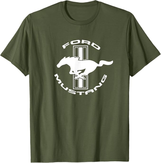 Ford Mustang T-Shirt in olivgrün mit weißem Tri-Bar Logo und Running Horse