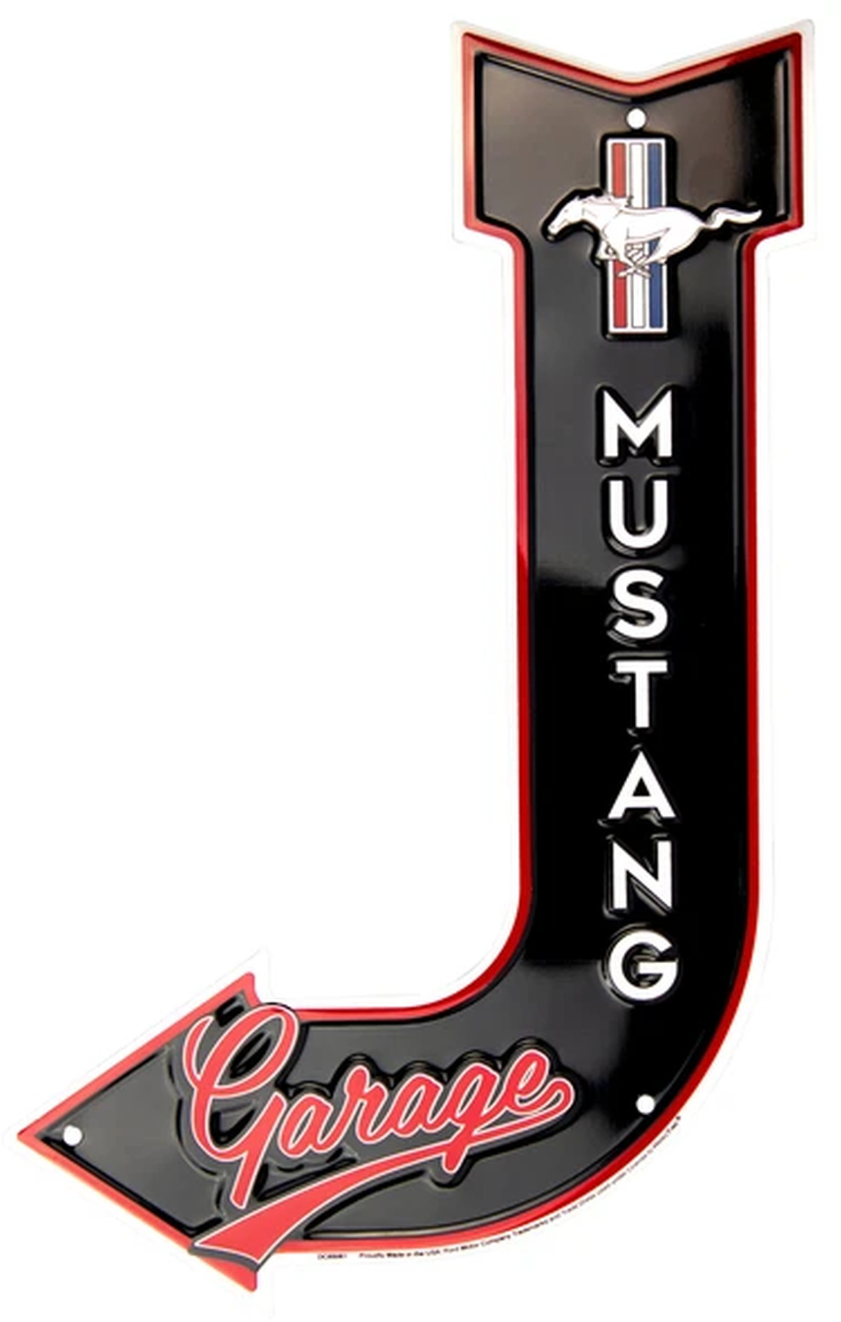 Ford Mustang Garage Blechschild mit Pfeil und geprägtem Tri-Bar Logo