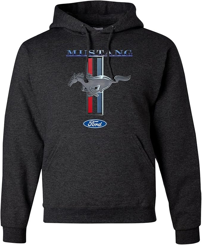 Ford Mustang Hoodie mit großem Tri-Bar Pony, Ford-Logo und Mustang-Schriftzug - Schwarzmeliert