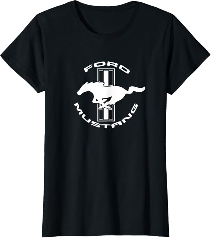 Schwarzes Ford Mustang Ladies T-Shirt mit weißem Tri-Bar Logo und Running Horse