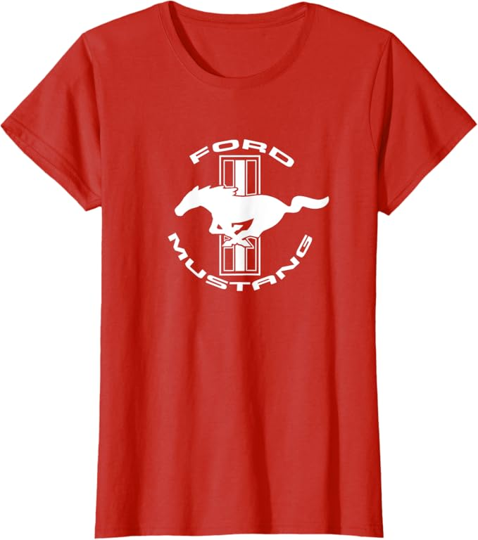 Ford Mustang Ladies T-Shirt in rot mit weißem Tri-Bar Logo und Running Horse