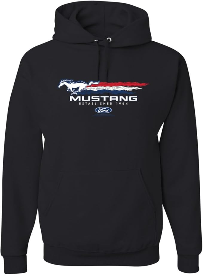 Ford Mustang Hoodie in Schwarz mit USA Pony Logo Est 1964 Print vorne