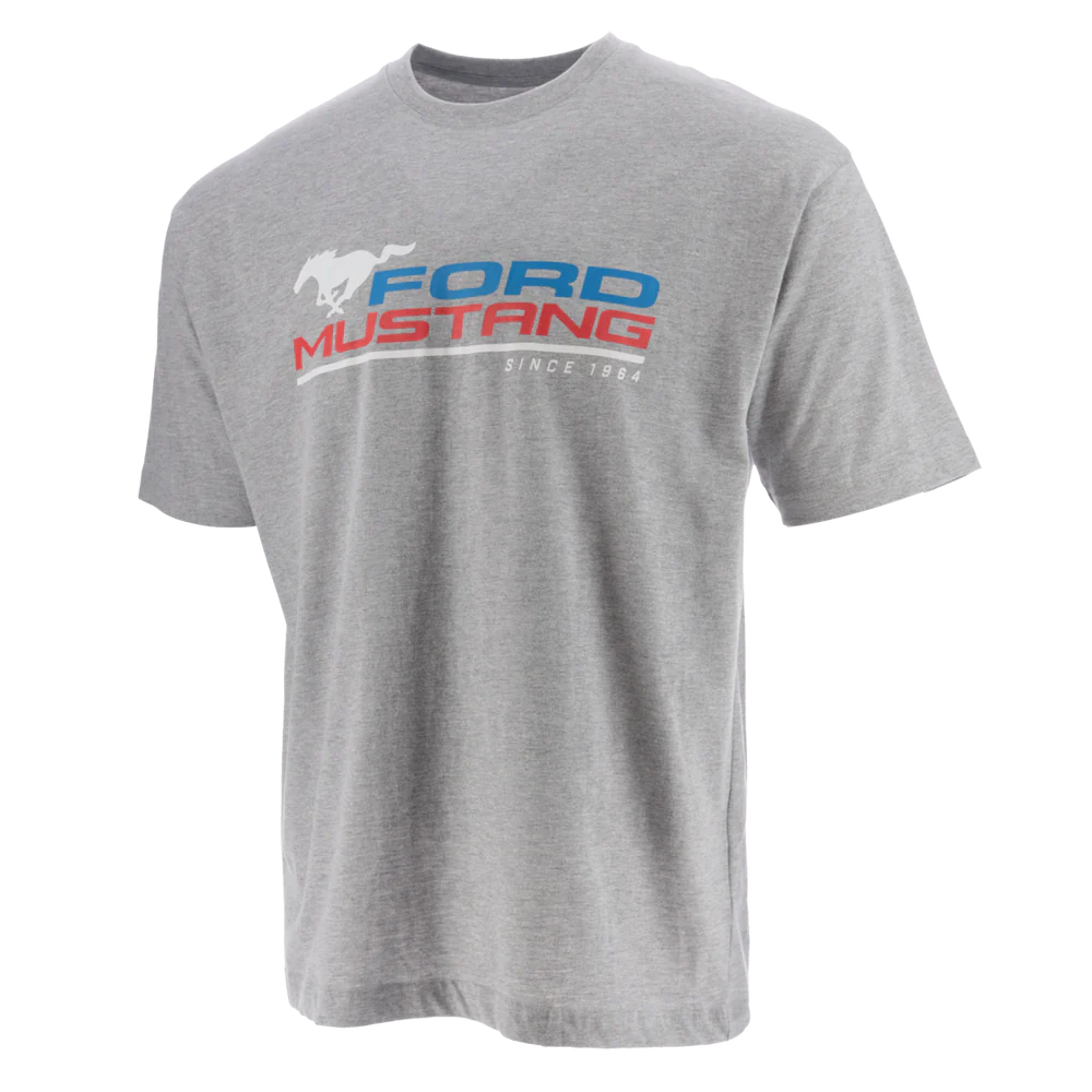 Ford Mustang T-Shirt mit Running Horse und "Since 1964" Schriftzug grau blau rot - M