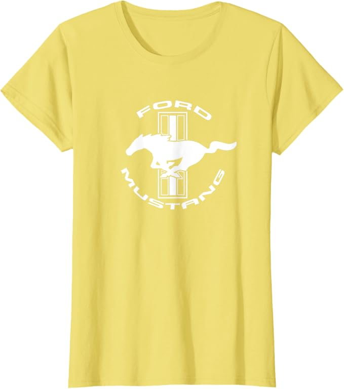 Ford Mustang Ladies T-Shirt in gelb mit weißem Tri-Bar Logo und Running Horse