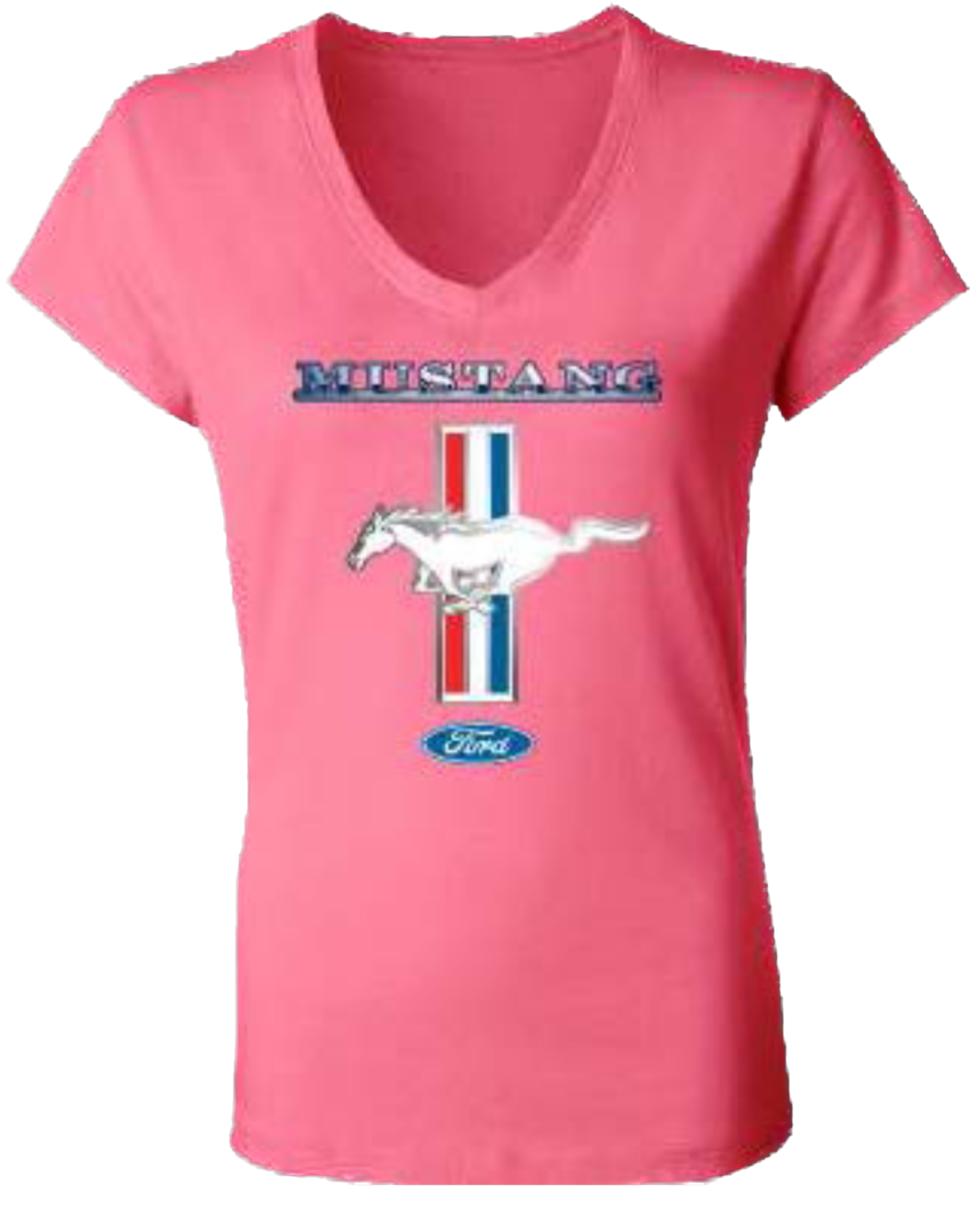 Ford Mustang Ladies T-Shirt rosa mit Tri-Bar Pony, Mustang Schriftzug und Ford Emblem vorne