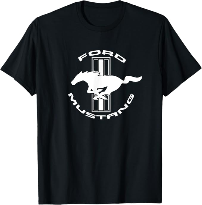 Schwarzes Ford Mustang T-Shirt mit weißem Tri-Bar Logo und Running Horse