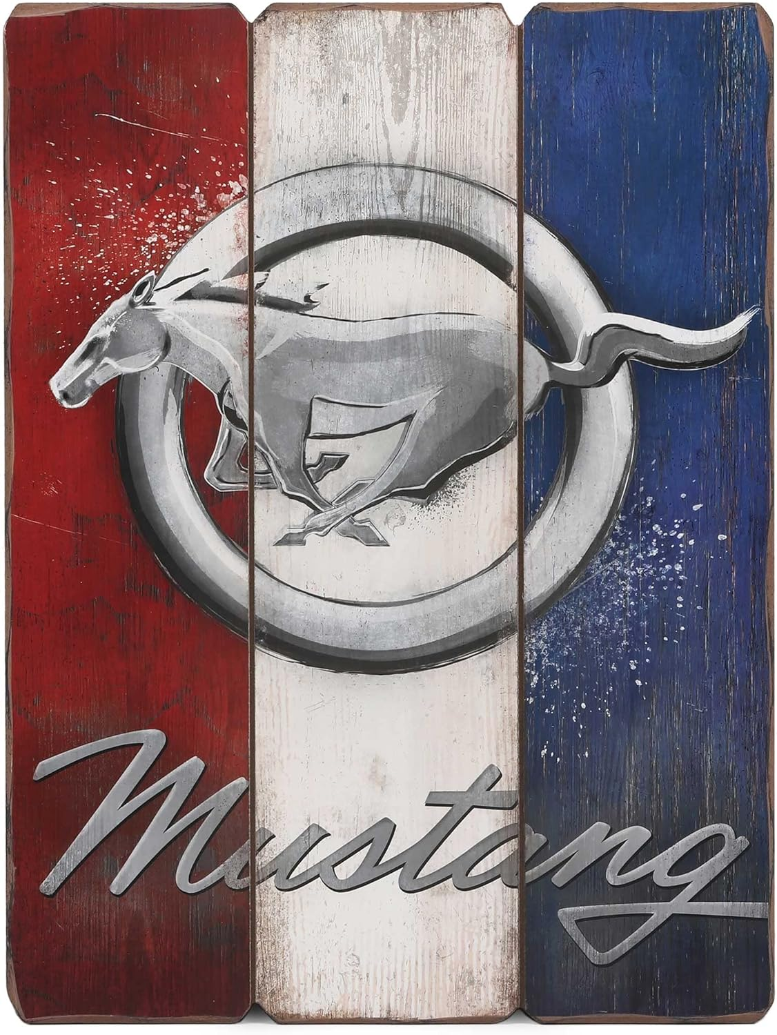 Ford Mustang Wanddeko: Holzschild mit Pony, Mustang Schriftzug uns USA Farben, 30x40cm