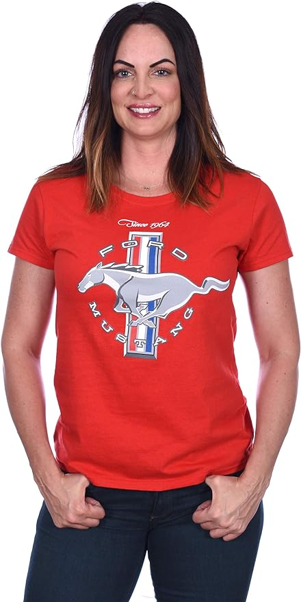 Ford Mustang Ladies T-Shirt in rot mit Running Horse und Tri-Bars