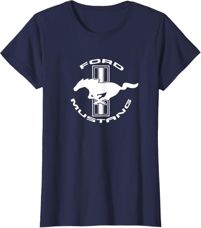 Ford Mustang Ladies T-Shirt in navy-blau mit weißem Tri-Bar Logo und Running Horse